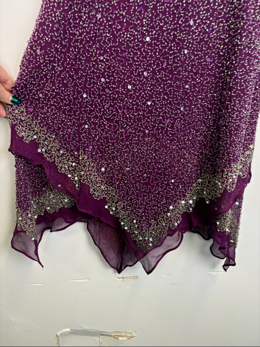 Scala Beaded Sequin Dress Purple Handkerchief Hem Cocktail Formal Size Small - Picture 4 of 10